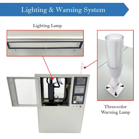 Lighting and warning system of educational CNC milling and drilling machine, showcasing LED lighting and three-color warning lamp.
