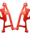 Beefed Up Front Aluminum Suspension Arms And Front Steering Block Upgrade Kit For One Fourteenth Scale RC Cars And Trucks Compatible With H14BM 14209 14210 14230B JC14EP HP474 HP141S Replacement Spare Parts - Red aluminum front suspension arms for 1/14 RC model with dual mounting points on white background.