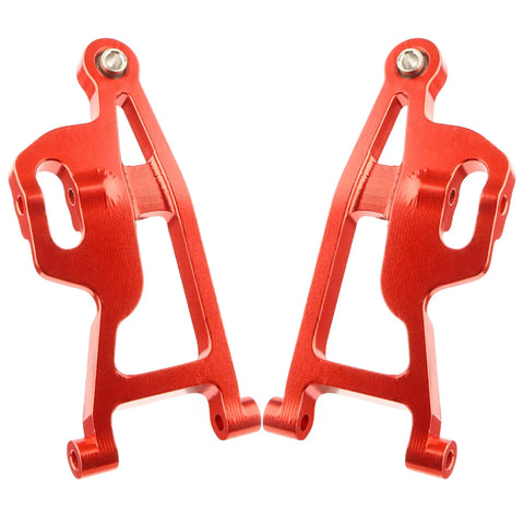 Beefed Up Front Aluminum Suspension Arms And Front Steering Block Upgrade Kit For One Fourteenth Scale RC Cars And Trucks Compatible With H14BM 14209 14210 14230B JC14EP HP474 HP141S Replacement Spare Parts - Red aluminum front suspension arms for 1/14 RC model with dual mounting points on white background.
