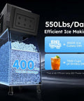 Industrial Ice Maker Workhorse With 550 Lbs Per Day Output And 400 Lbs Storage, shown with ice display and features