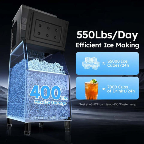 Industrial Ice Maker Workhorse With 550 Lbs Per Day Output And 400 Lbs Storage, shown with ice display and features