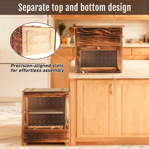 Two In One Wooden Potato And Onion Storage Bin With Lid And Mesh Doors Stackable Bread And Vegetable Cabinet For Kitchen