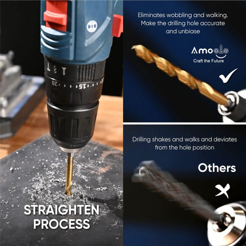 Amazon amoolo hex shank drill bit set, 13+3 pcs, gold titanium HSS bits, quick-change, front view, for wood/metal/plastic