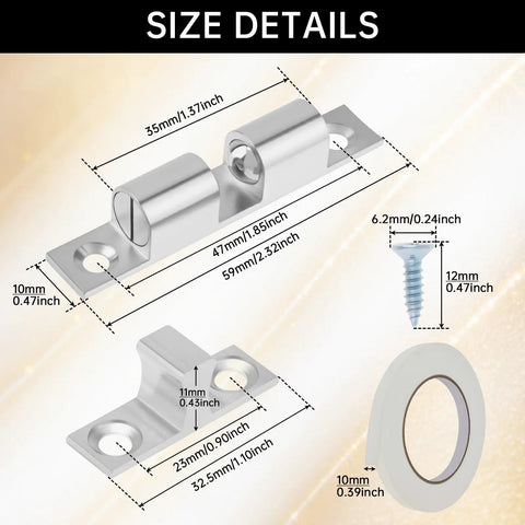 Size details of 12 Pack Heavy Duty Double Ball Tension Roller Cabinet Catch Latch For Cabinets And Furniture Doors 60mm Solid Brass Closet Door Hardware With Screws And Tape Silver Finish