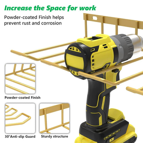 Close-up of two-pack power tool organizer wall mount with a drill, showing rustproof metal shelf and anti-slip guard.