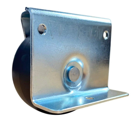 Side view of metal mounting plate for Low Profile Two Inch Cabinet Casters Set Of Four With Mounting Plate And Wood Screws Black Heavy Duty