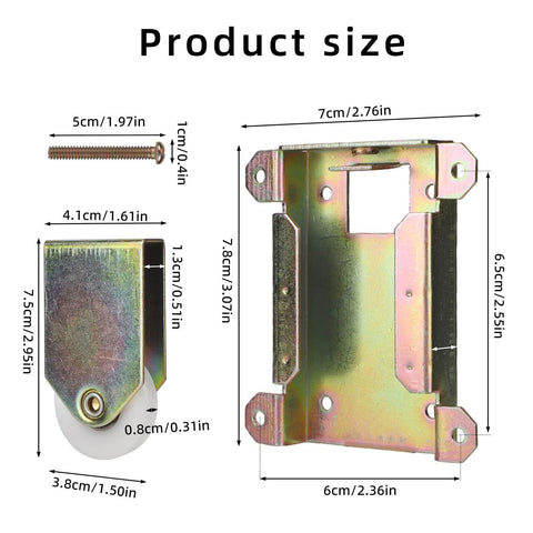Two Pack Sliding Mirror Closet Door Rollers Replacement with screws and mounting brackets shown with dimensions