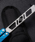Close-up of Integrated Forging Bushing System Flip Knife with T6061 Channel Handle, blue grip detail and cutout design, in open position.