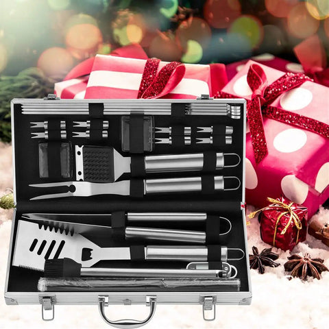 Grillin Ready 23 Piece BBQ Tool Set With Thermometer In Aluminum Case Stainless Steel Utensils for Backyard Grilling