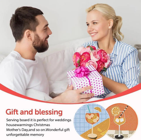 Couple exchanging gifts with Eight Piece Diamond Art Coaster Kit With Holder For DIY 5D Retro Cocktail Coasters on display