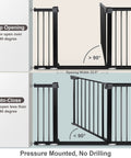 Extra Wide Baby Gate With Door For Stairs And Doorways, Pressure Mounted, demonstrating open/close function, black