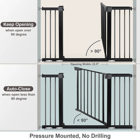 Extra Wide Baby Gate With Door For Stairs And Doorways, Pressure Mounted, demonstrating open/close function, black