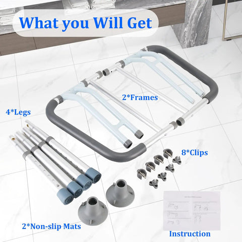 Heavy Duty Toilet Safety Rails For Seniors And Elderly Sturdy Aluminum Bathroom Handle Frame With Built Like A Tank Durability And Zero Sag Up To 300 Lb Weight Limit And Reliable Daily Support assembly components including frames, legs, clips, non-slip mats