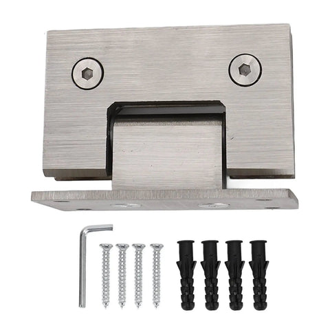 Heavy Duty Stainless Steel Shower Door Hinges with 90 Degree Auto Close for Frameless Glass Doors 8mm to 12mm, mounting hardware visible.