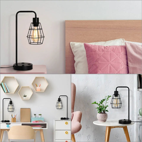 Two Pack USB Edison Desk Lamps With Dual USB Ports And 2 Prong Outlet on nightstand, work desk, and side table settings