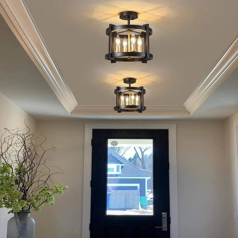 4 Light Dope Semi Flush Mount Ceiling Light Fixture In Black And Gold Farmhouse Rustic Vintage Style for hallway