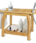 Two Tier Bamboo Shower Bench For In Shower Use 25 Inch Waterproof Bath Stool With Storage Shelf No Slip Feet Safe And Stable