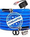 Coiled blue 50ft heated RV water hose with power plug and brass fittings