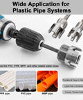 PVC Pipe Threader Kit For One Half Inch, Three Quarter Inch And One Inch NPT With Internal And External Thread Heads, Carbon Steel Dual Function Pipe Threading Tool Set Pro Grade For Electric Drills On PVC PPR And Plastic Pipes shown with electric drill and threading heads.