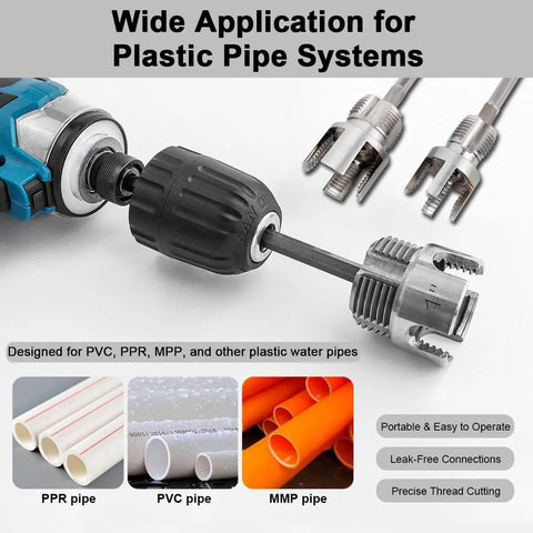 PVC Pipe Threader Kit For One Half Inch, Three Quarter Inch And One Inch NPT With Internal And External Thread Heads, Carbon Steel Dual Function Pipe Threading Tool Set Pro Grade For Electric Drills On PVC PPR And Plastic Pipes shown with electric drill and threading heads.