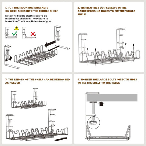 Assembly instructions for Retractable Under Desk Cable Management Tray With No Drill Clamp For Home Office Sturdy Metal Cord Organizer.