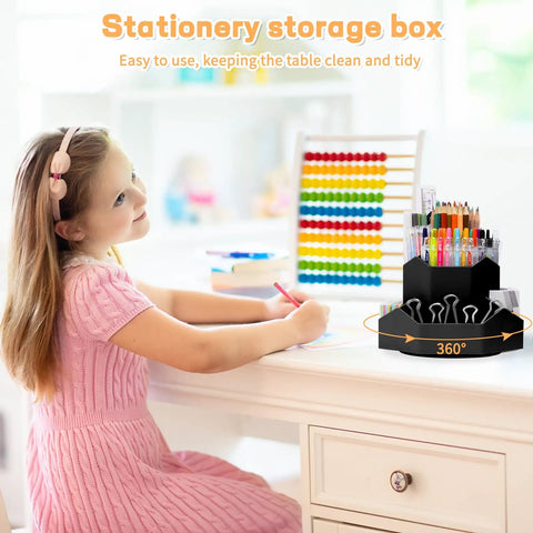 Child using art supplies beside 9 Slot 360 Degree Rotating Pencil Holder Desk Organizer For Office School And Home Ultra Handy Black Stationery Storage Cup