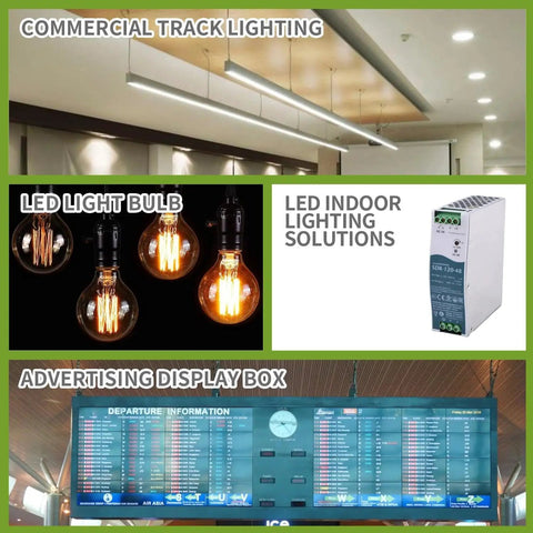 Commercial track lighting, LED light bulbs, and an LED power supply for effective indoor lighting solutions.