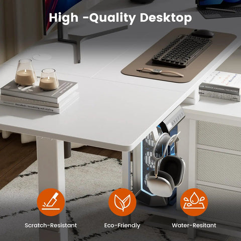 This 55 inch white electric standing desk features smooth height adjustment and handy drawers for sleek office storage, with a high-quality scratch-resistant surface.