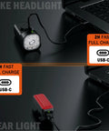 9 LED Bike Front And Rear Light Kit With High And Low Beams connected via USB C cable for fast charging
