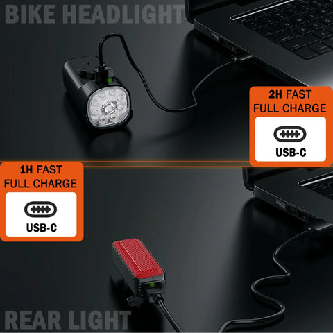 9 LED Bike Front And Rear Light Kit With High And Low Beams connected via USB C cable for fast charging