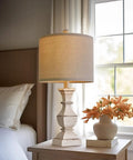 Mid Century Table Lamp Set Of 2 with Beige Resin Base and Linen Shades Retro Farmhouse Vibe for Bedroom Nightstand