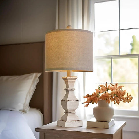 Mid Century Table Lamp Set Of 2 with Beige Resin Base and Linen Shades Retro Farmhouse Vibe for Bedroom Nightstand