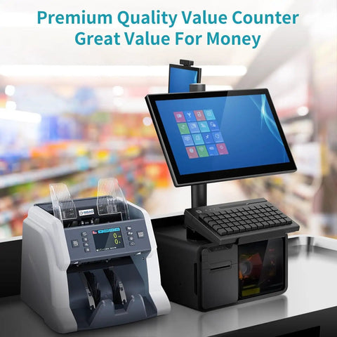 Money Counter Machine For Business With Mixed Denomination And Multi Currency Counting Value Counting Auto Recognition CIS UV MG IR Counterfeit Detection Bill Counter Batch And Accumulation Modes Pro Grade Readout And Quick Verification on store counter
