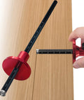 Hella Precise Wheel Marking Gauge With Easy Adjustment Knob on wood surface showing precise metric scales for woodworking.
