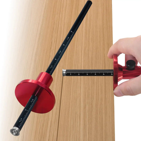 Hella Precise Wheel Marking Gauge With Easy Adjustment Knob on wood surface showing precise metric scales for woodworking.