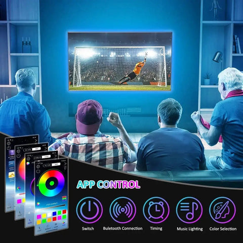LED TV Backlight Strip For 32 To 70 Inch Screens Easy Install App Controlled Bluetooth Setup in living room during game night.