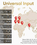 World map highlighting plug types for Must Have UK To US Travel Adapter 2 Pack For North America With Dual Inputs