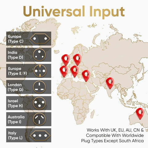 World map highlighting plug types for Must Have UK To US Travel Adapter 2 Pack For North America With Dual Inputs