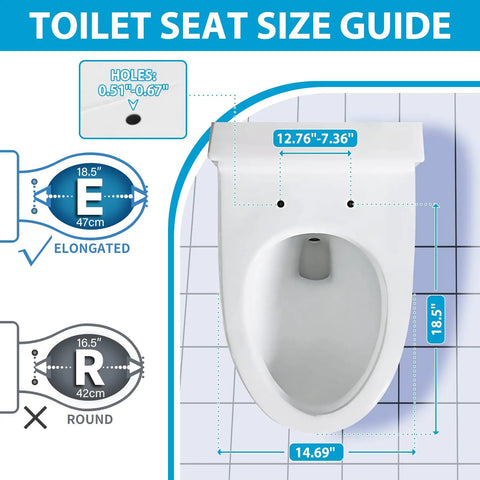 Elongated Toilet Seat Heavy Duty With Soft Close And Quick Release Premium UF Material Top Fix Install No Fuss Easy Clean Fits Most Standard Toilets White Durable Hygienic Bathroom Upgrade size guide image showing dimensions and fit.