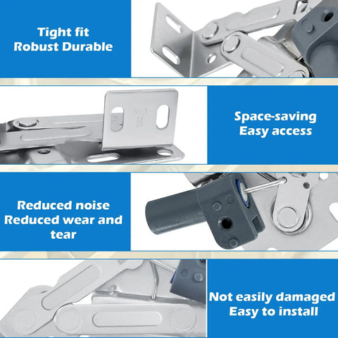 Image of soft close pivot hinges with dampers, showcasing steel construction, for cabinets and furniture, includes screws.