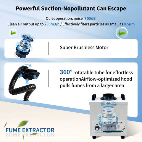Powerful Solder Fume Extractor With Beast Mode Suction Captures Ninety Nine Point Nine Seven Percent Particles Using H Thirteen Hepa Three Stage System At Two Hundred Thirty Five Cubic Meters Per Hour Includes Seven Piece Filter Kit For Soldering And, featuring a super brushless motor and 360° rotatable tube.