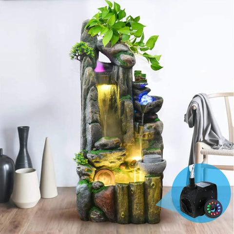 Decorative fountain with Submersible Fountain Pump With 400 GPH 1800 LPH, Ultra Quiet 25W, 12 LED lights, and plant details