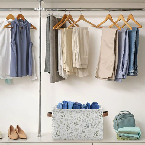 Built Different Grey Leafy Vines Canvas Storage Baskets With Double Stitched Handles Generous Foldable Fabric Bins For Closets And Shelves, filled with rolled towels.