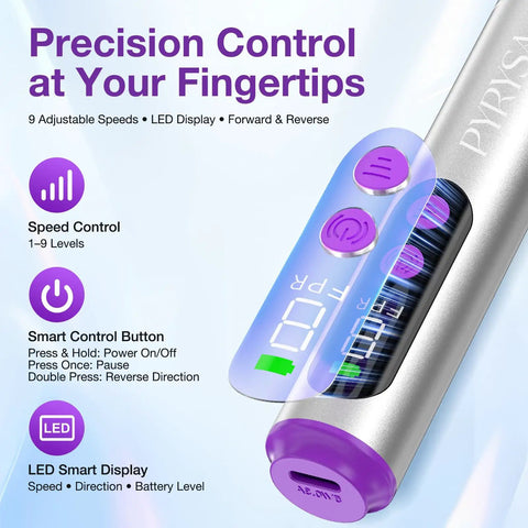 Cordless Electric Nail Drill For Acrylic Gel Dip Powder Polish With LED Display showing speed and control buttons