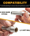 Person holding aluminum marine anti siphon valve replacement with 1/4 NPT male and 3/8 inch barb fitting
