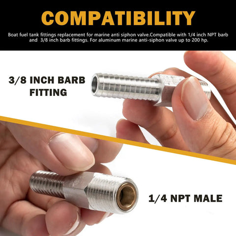 Person holding aluminum marine anti siphon valve replacement with 1/4 NPT male and 3/8 inch barb fitting