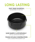 These Dang Tough Nylon Glide Caps For Wrought Iron And Metal Patio Furniture Are Heavy Duty Replacement Floor Protectors That Keep Your Deck Scratch Free And Totally Looking Fresh, showing black nylon cap.
