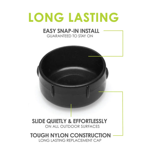 These Dang Tough Nylon Glide Caps For Wrought Iron And Metal Patio Furniture Are Heavy Duty Replacement Floor Protectors That Keep Your Deck Scratch Free And Totally Looking Fresh, showing black nylon cap.