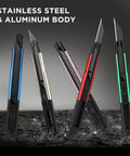 Five retractable utility knives with aluminum bodies in blue, gold, pink, red, and green; includes 10 spare 9mm blades.