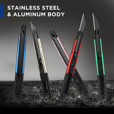Five retractable utility knives with aluminum bodies in blue, gold, pink, red, and green; includes 10 spare 9mm blades.